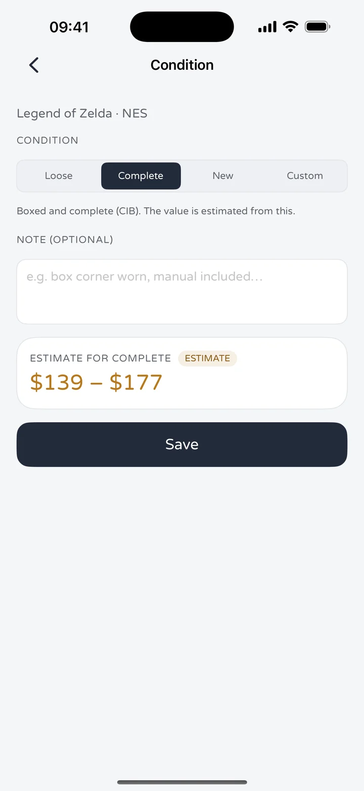 RetroWorth condition screen for The Legend of Zelda on NES with Loose, Complete, New and Custom options and an estimate of $139 to $177 for Complete