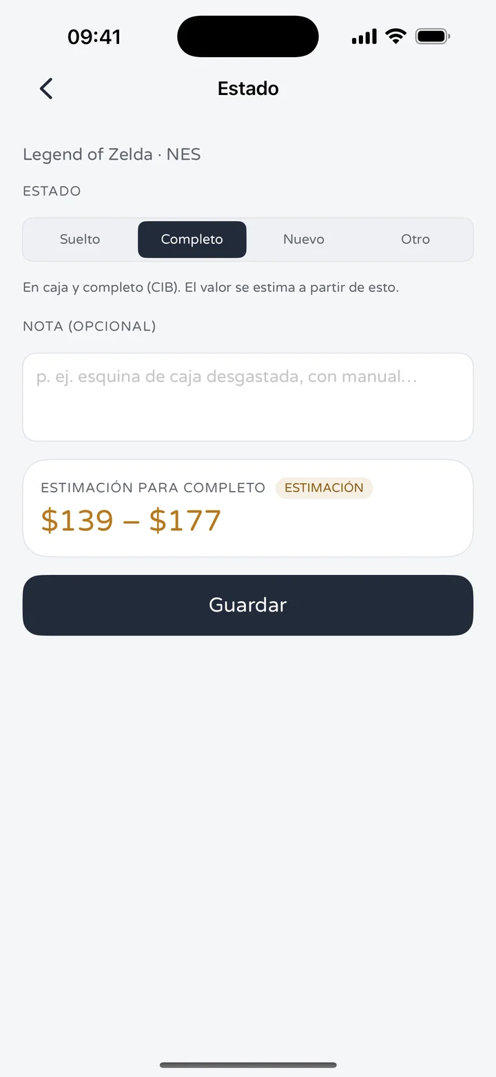 Pantalla de estado de RetroWorth para The Legend of Zelda en NES con las opciones Suelto, Completo, Nuevo y Otro, y una estimación de $139 a $177 para Completo