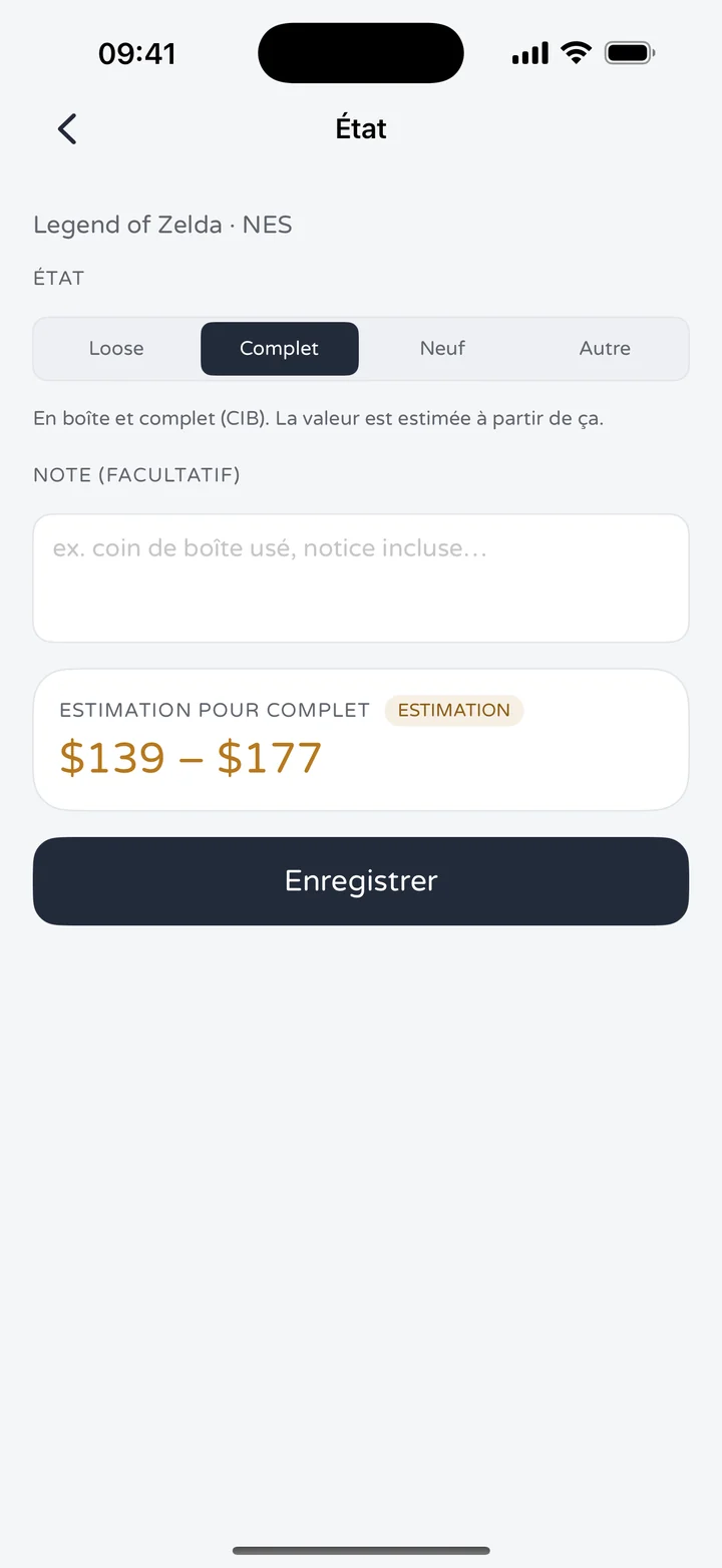Écran d'état RetroWorth pour The Legend of Zelda sur NES avec les options Loose, Complet, Neuf et Autre, et une estimation de $139 à $177 pour Complet
