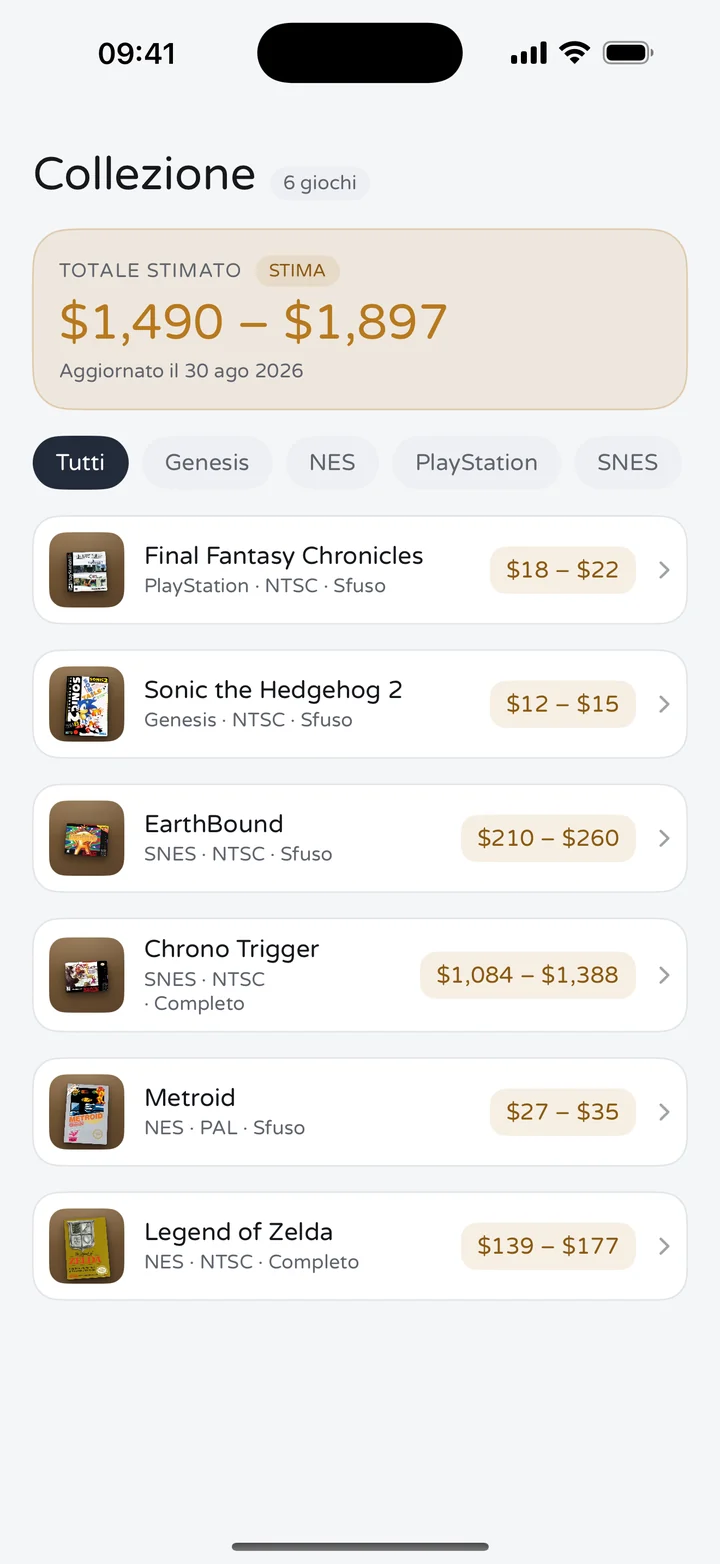 Schermata della collezione di RetroWorth con sei giochi e un valore stimato totale da $1,490 a $1,897