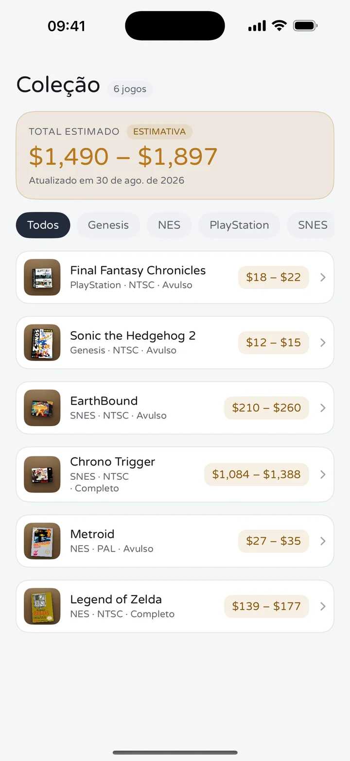 Tela de coleção do RetroWorth listando seis jogos com valor total estimado de $1,490 a $1,897