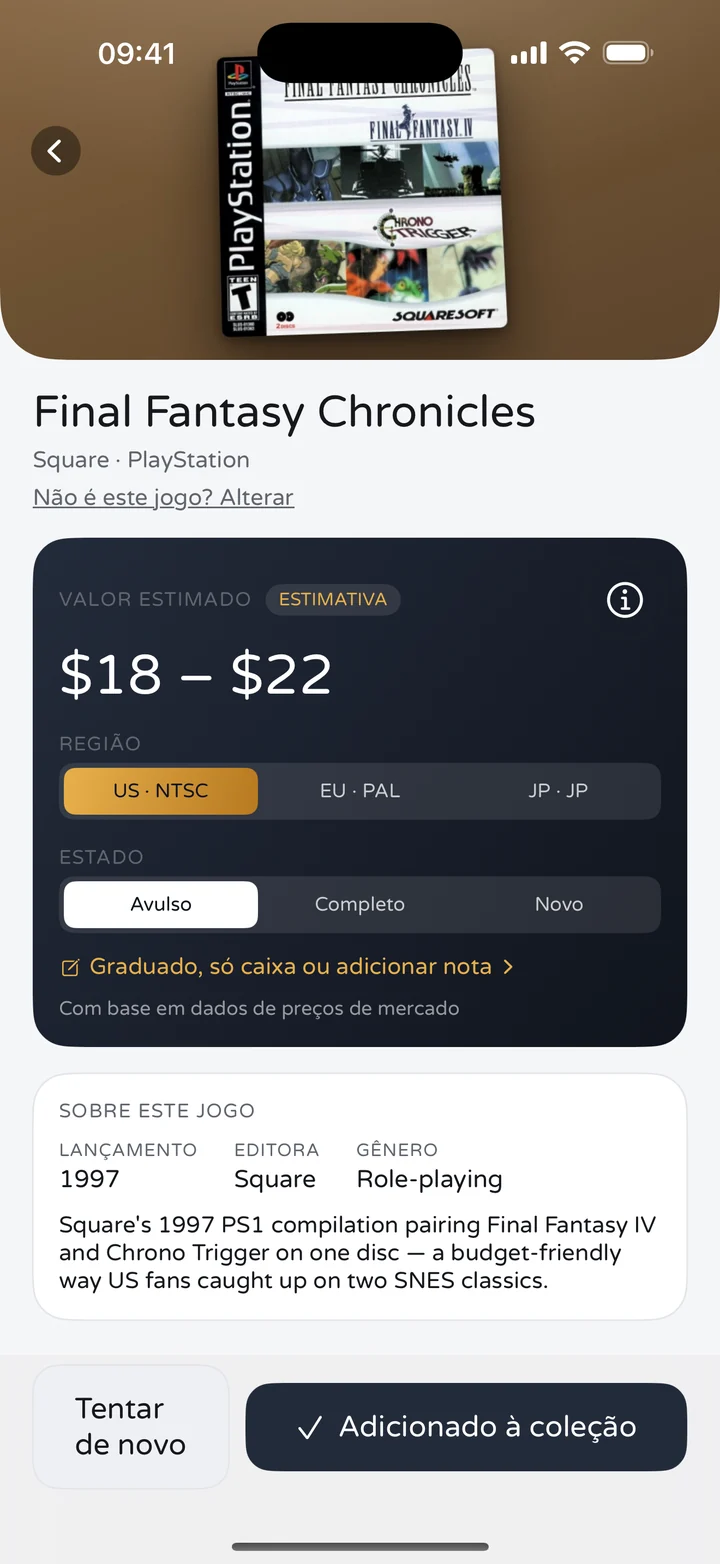 Tela de resultado do RetroWorth mostrando Final Fantasy Chronicles para PlayStation com valor estimado de $18 a $22 e seletores de região e estado
